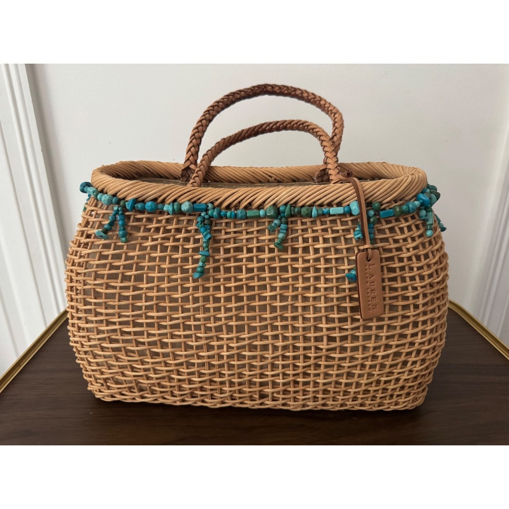 Lauren Ralph Lauren Wicker Tote Bag Turquoise Bead Fringe Braided Leather Handle